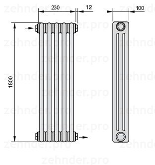Схема (чертеж) Радиатор Zehnder Charleston 3180/5 №1670 Белый глянцевый RAL 9016